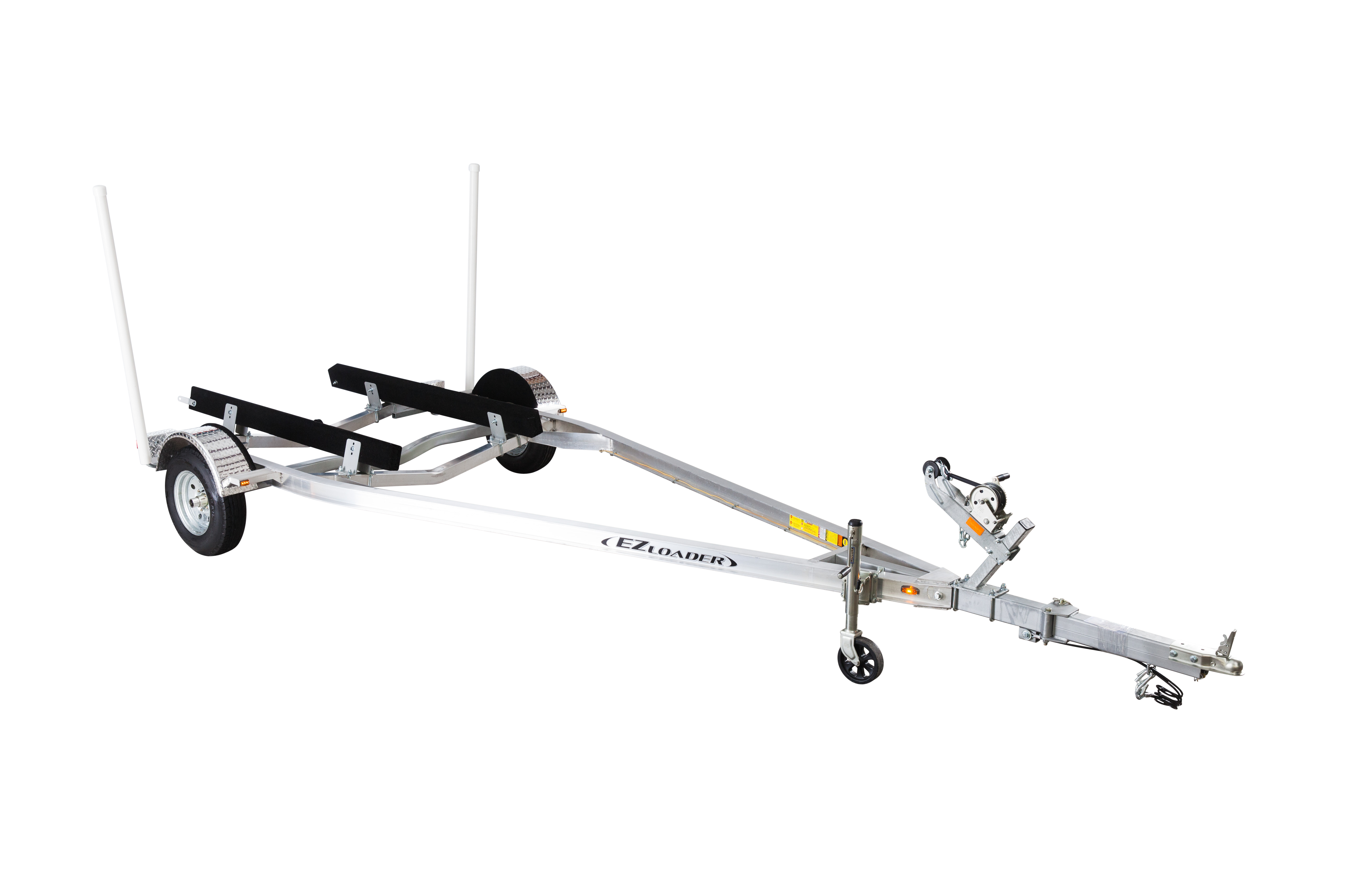 Single axle aluminum V-hull boat trailer by EZ Loader, featuring custom bunk supports, galvanized frame, vertical loading guides, and marine-grade hardware for corrosion resistance and dependable towing.