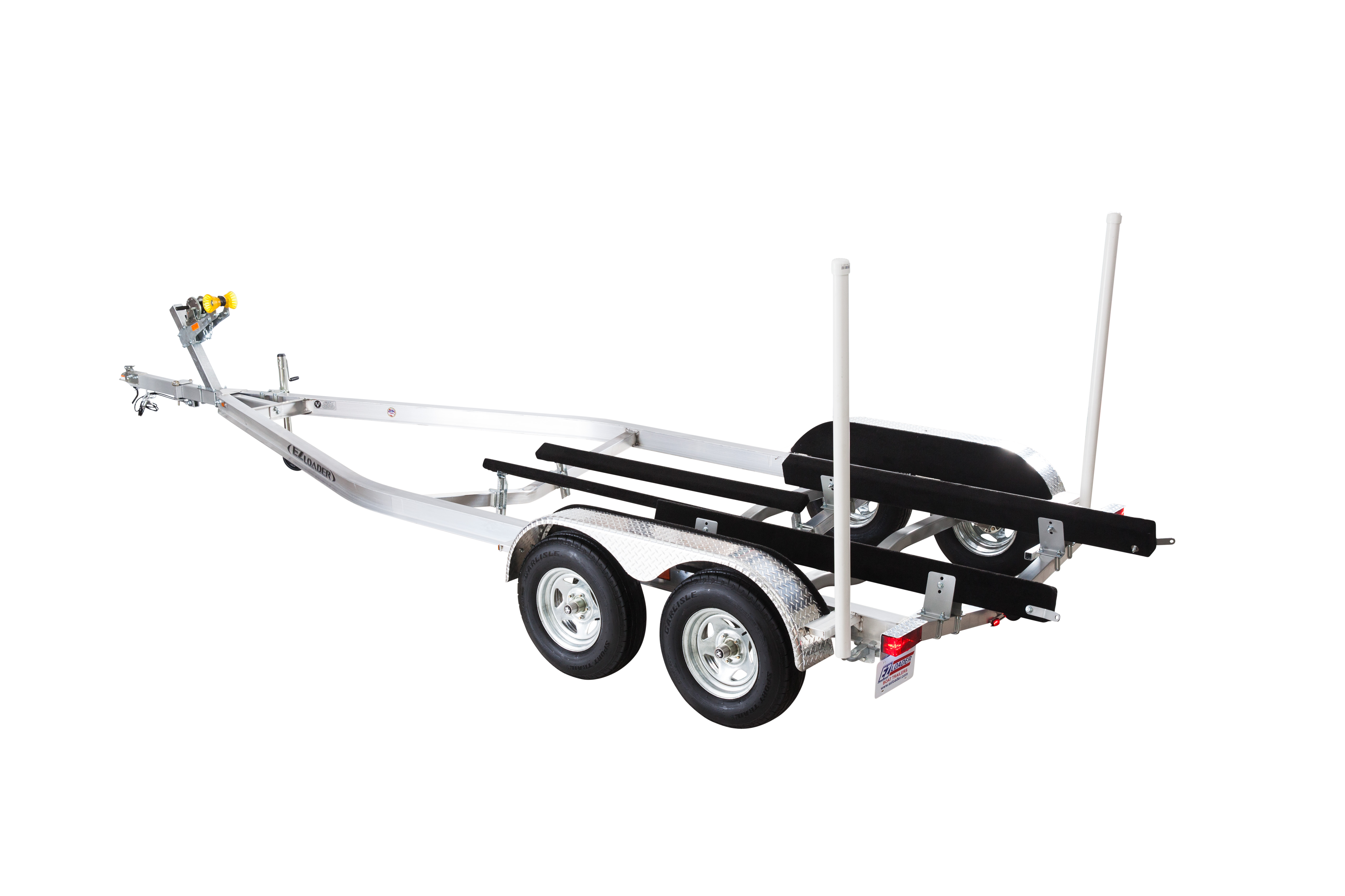 EZ Loader custom tandem axle aluminum V-hull boat trailer with marine-grade bunks, galvanized wheels, and vertical guide posts—engineered for enhanced stability, corrosion resistance, and easy launching of mid-to-large V-hull boats.