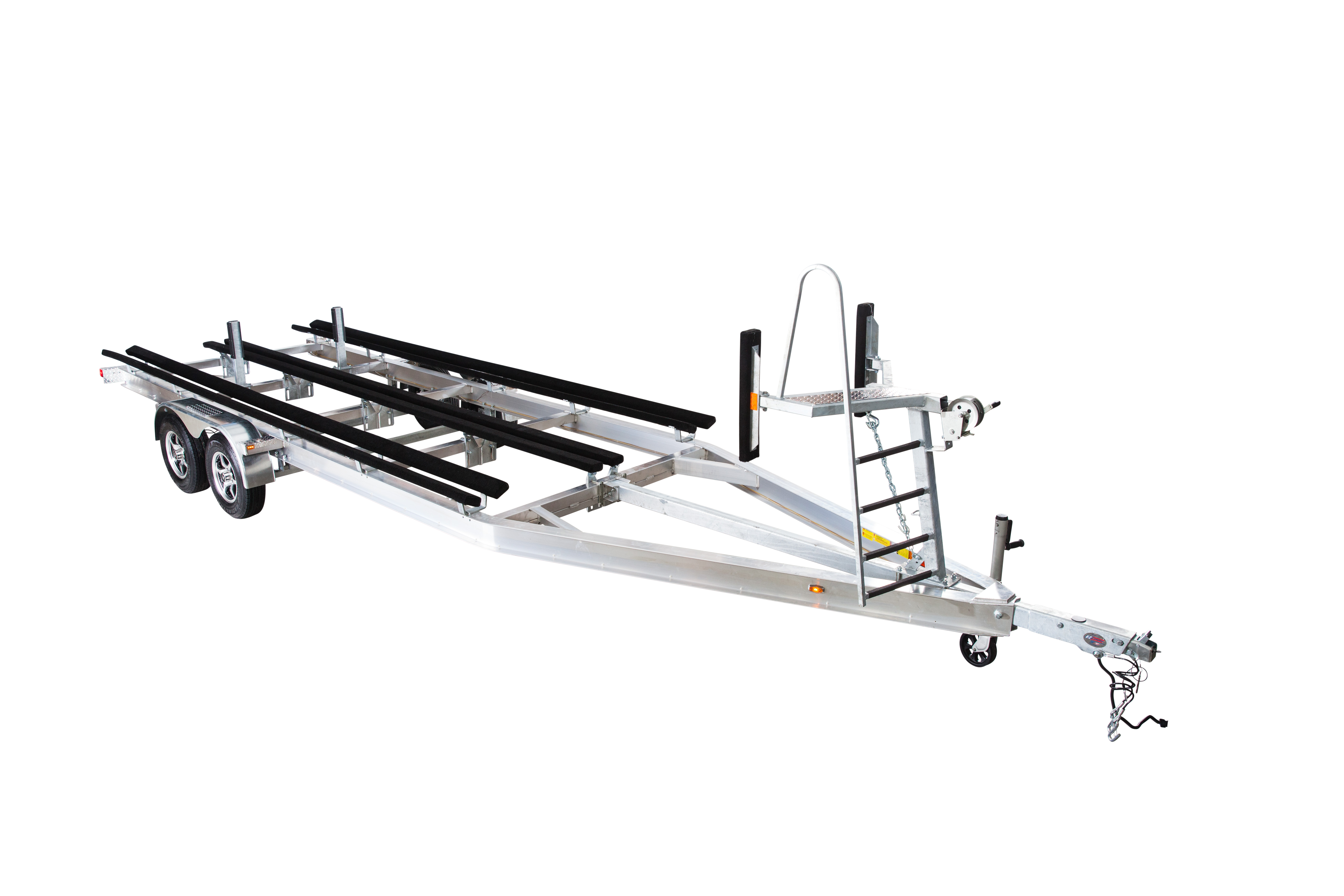 EZ Loader custom tandem axle aluminum pontoon trailer with integrated boarding ladder, marine-grade bunks, and corrosion-resistant frame built for lightweight, long-lasting performance.
