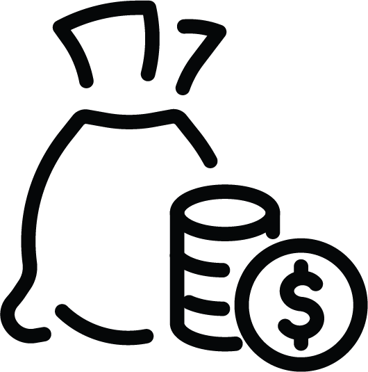 Icon of a money bag and stacked coins with a dollar sign, symbolizing affordability and value