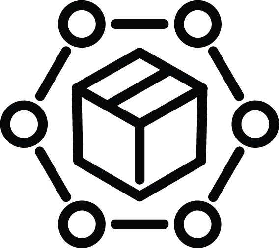 Icon of a package at the center of connected dots, representing bundled boat, motor, and trailer offerings