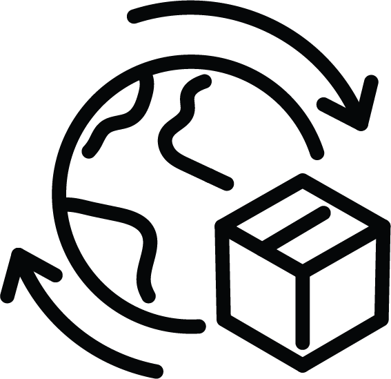 Icon of a globe with arrows and a box, symbolizing worldwide distribution and logistics