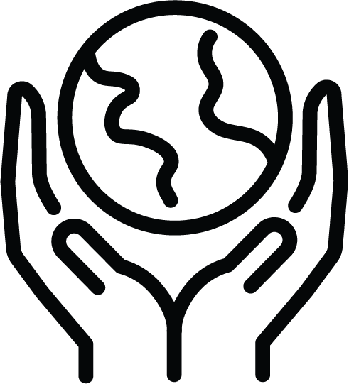 Icon of hands holding the Earth, symbolizing global reach, international presence, and worldwide support
