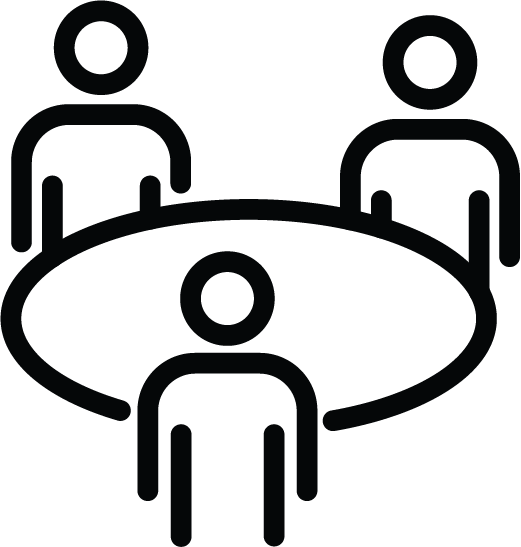 Icon of three figures seated around a table, representing collaboration and engineered safety standards