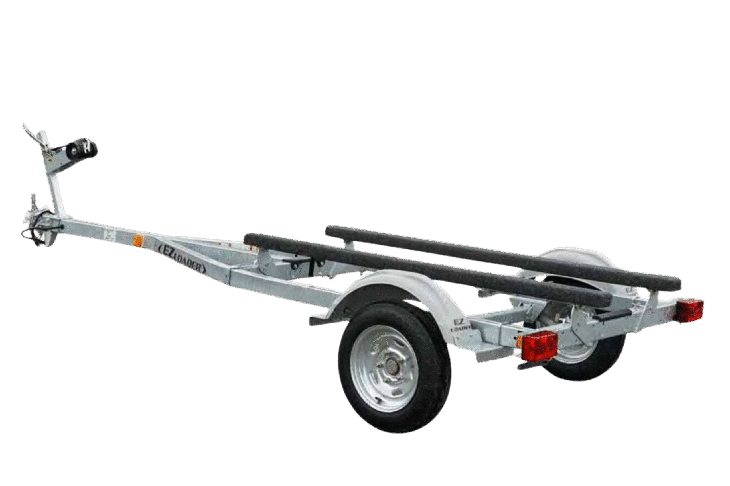 Tandem axle EZ Loader boat trailer with galvanized frame, multiple roller assemblies, alloy wheels, and extended winch post.
