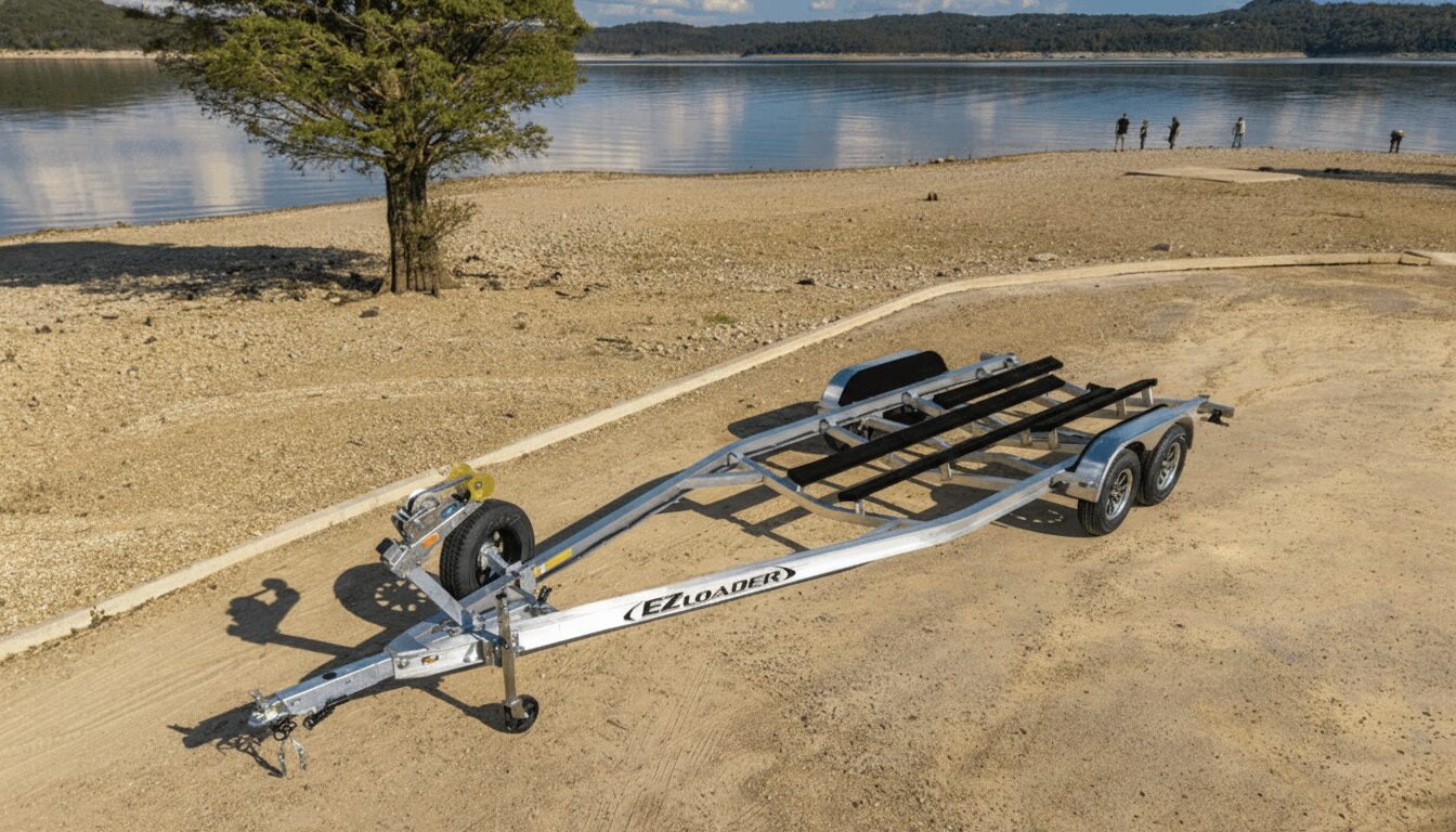 Single axle aluminum V-hull boat trailer by EZ Loader, featuring custom bunk supports, galvanized frame, vertical loading guides, and marine-grade hardware for corrosion resistance and dependable towing.
